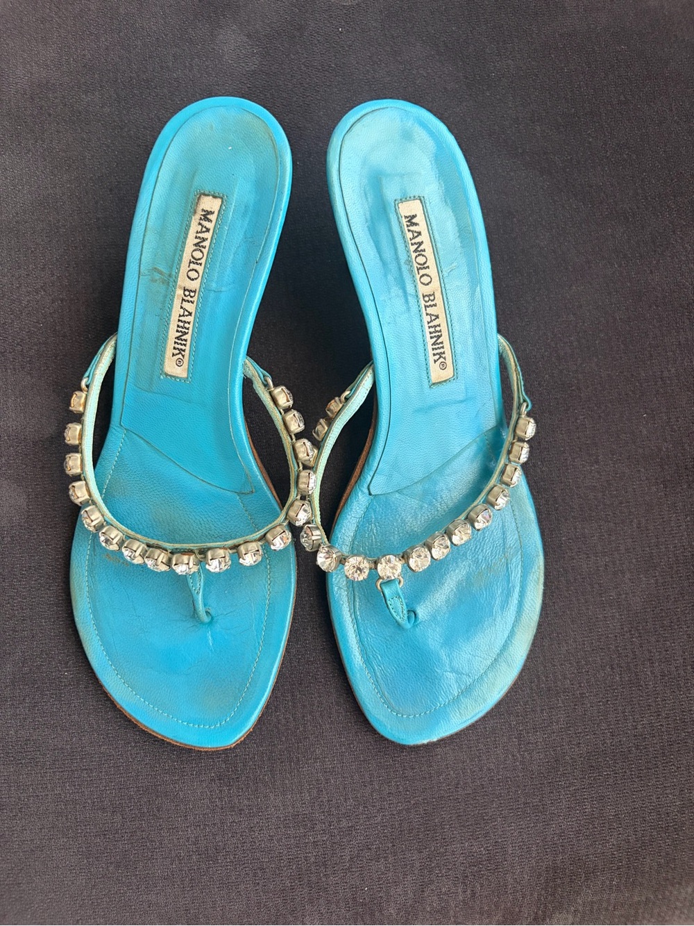 Manolo Blahnik Turquoise Crystal-Embellished Thong Sandals